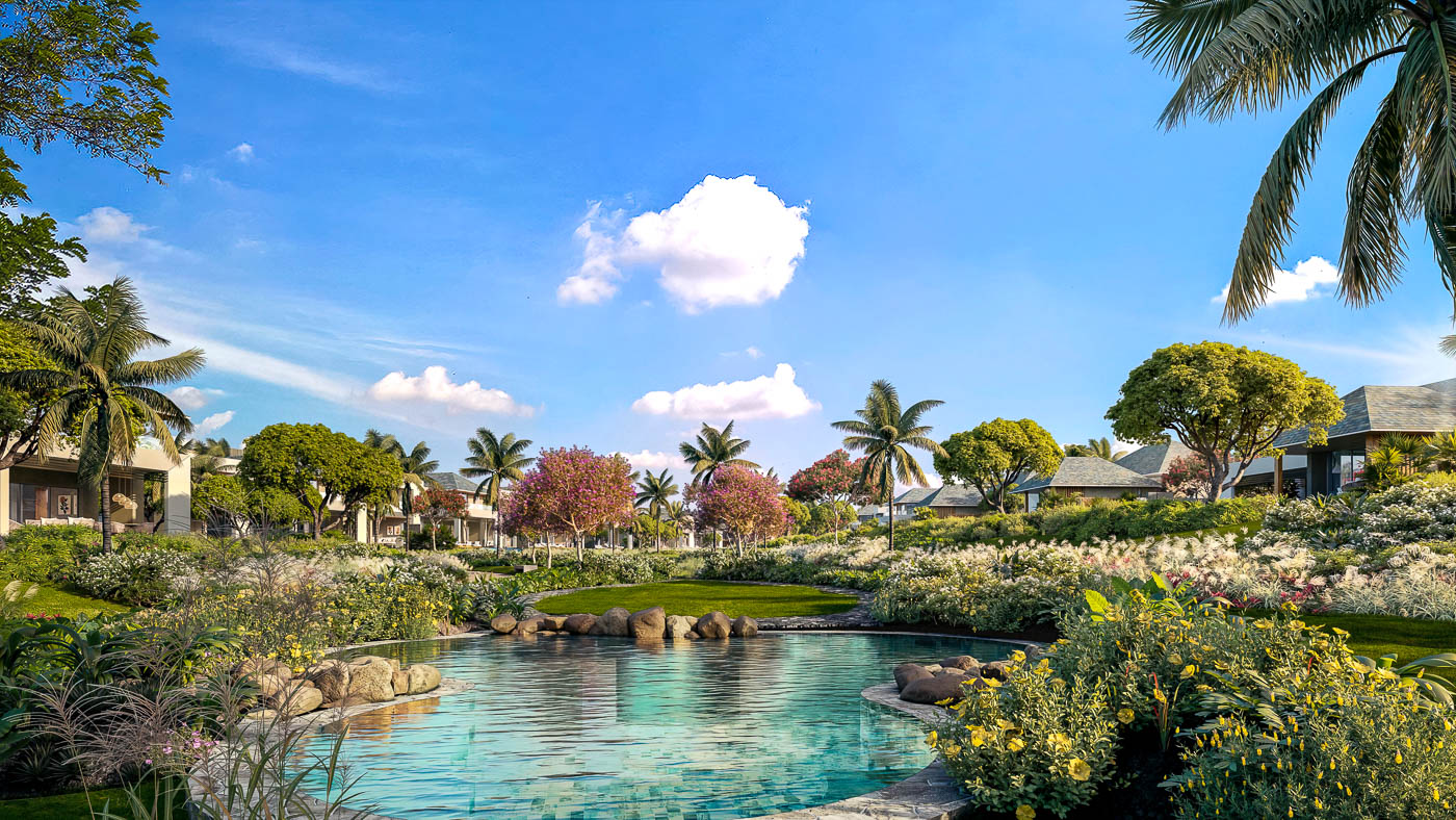 Jardin luxuriant et terrasse donnant sur un lagon à Mont Choisy