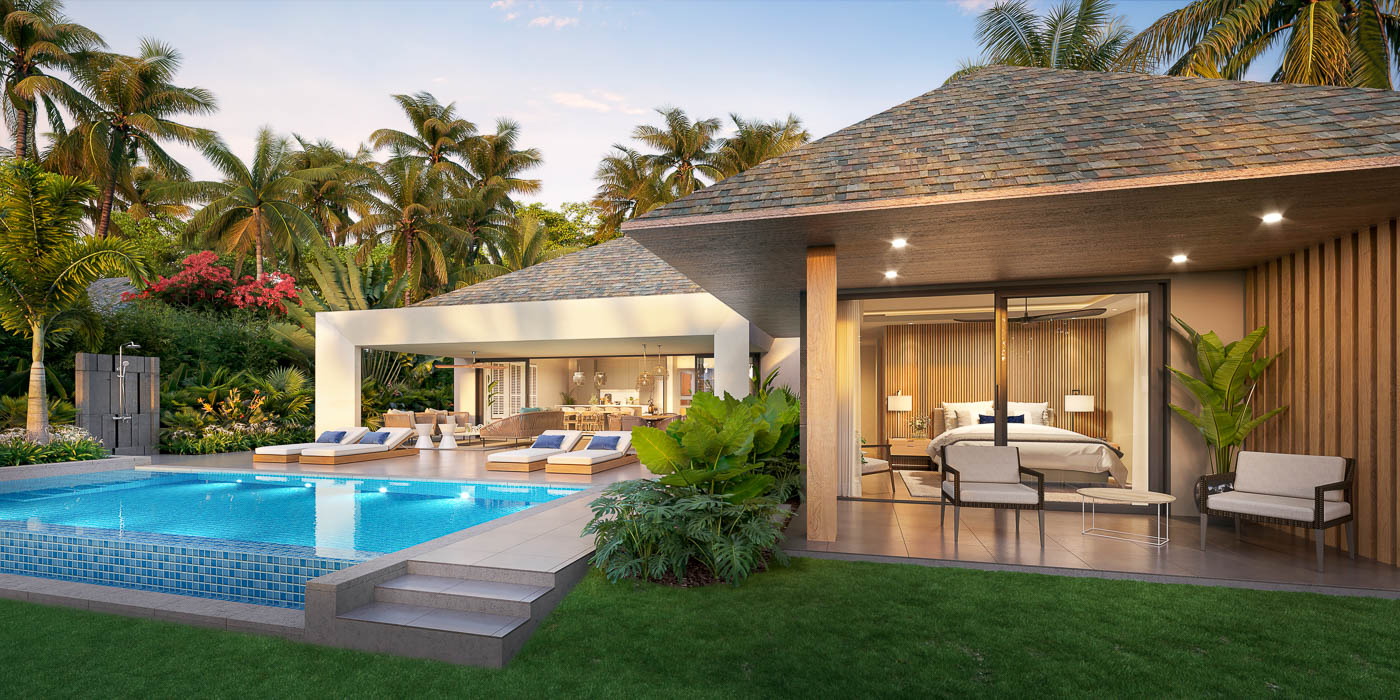 Piscine naturelle avec végétation tropicale dans une villa lagon à Mont Choisy
