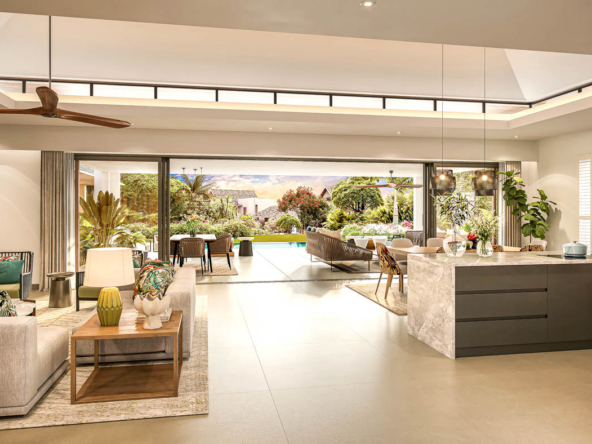 Cuisine design et salle à manger ouverte dans villa lagoon à Mont Choisy