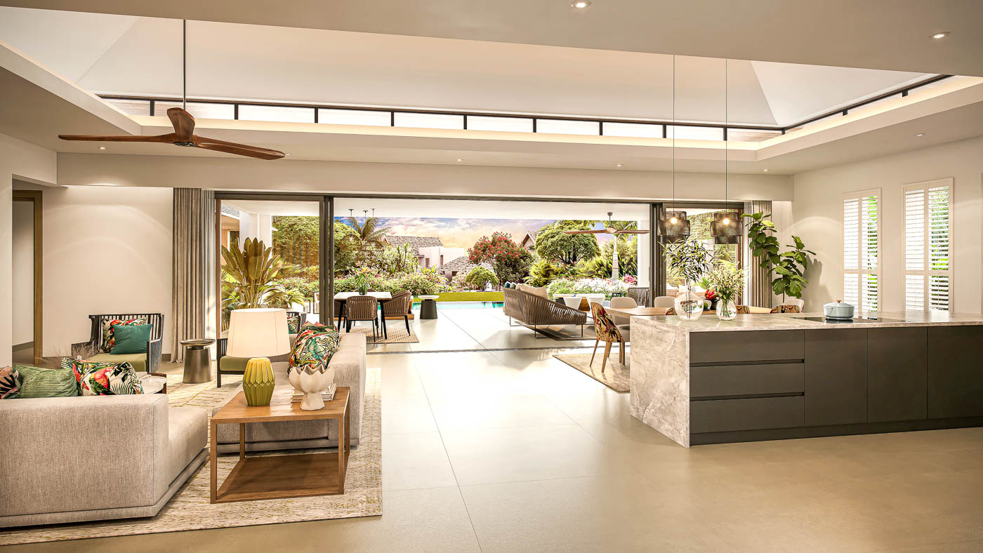 Cuisine design et salle à manger ouverte dans villa lagoon à Mont Choisy