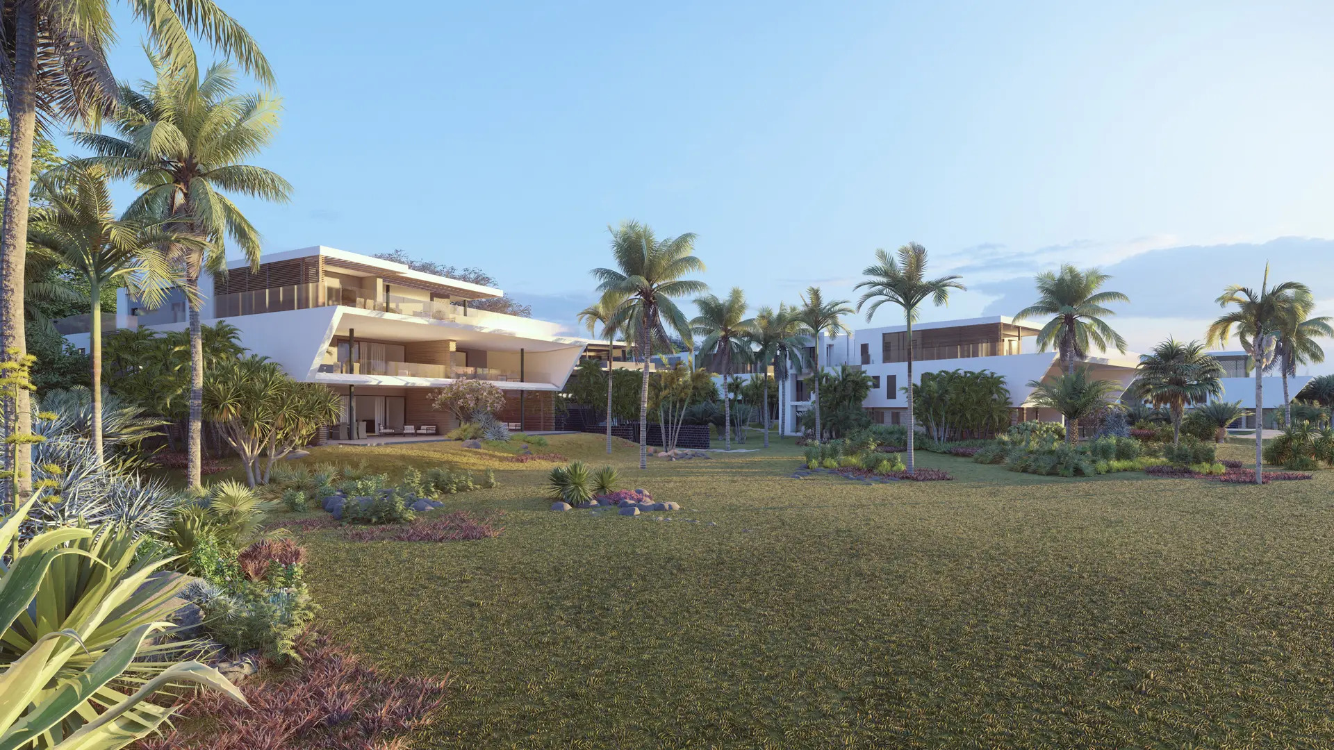 Jardin tropical avec vue sur Le Morne dans une résidence pied dans l’eau à vendre à l’île Maurice – Ohana Heritage Group