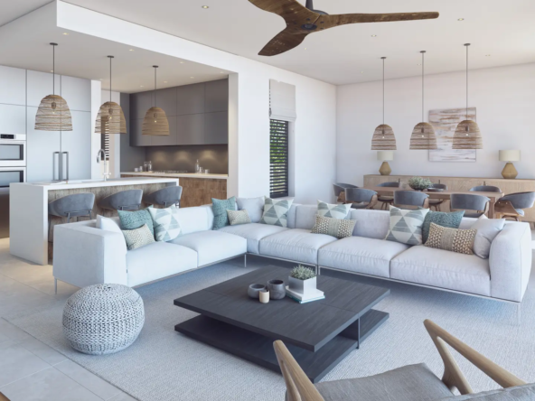 Salon lumineux dans une résidence front de mer à vendre à l’île Maurice, propriété exclusive proposée par Ohana Heritage Group