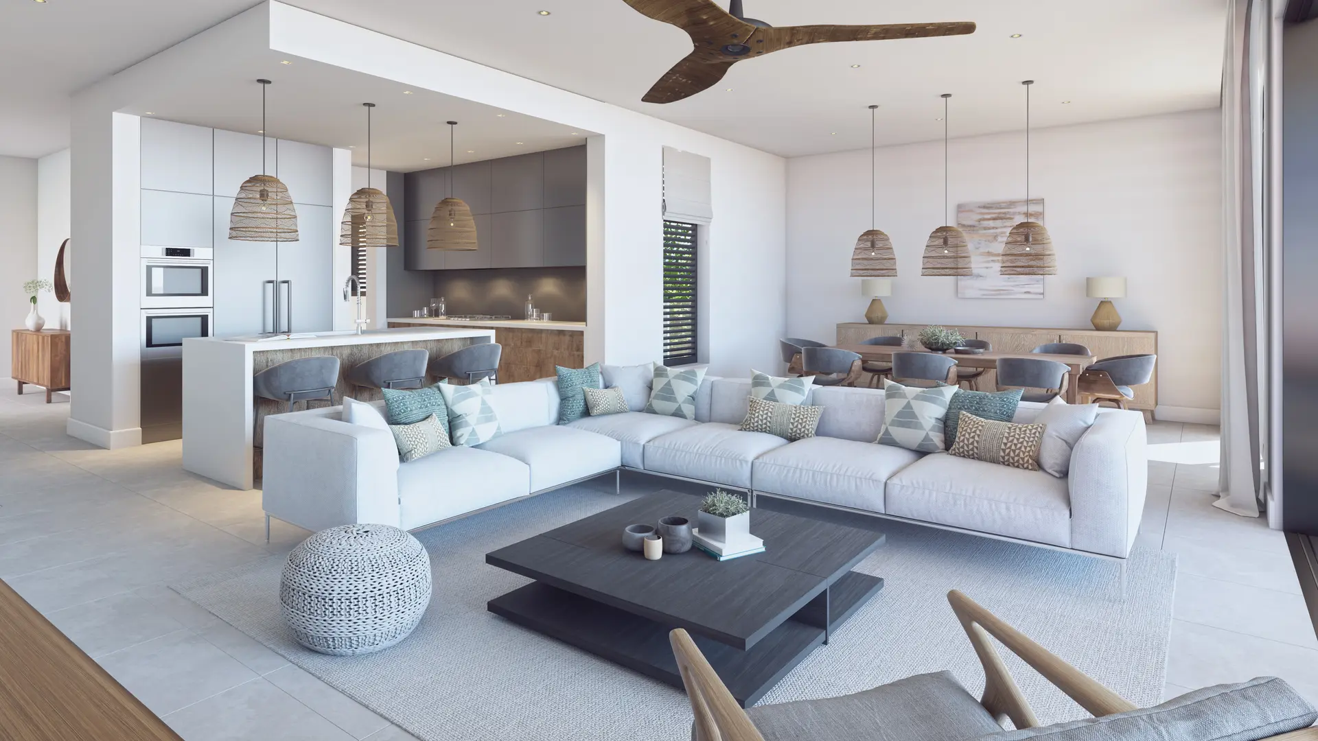 Salon lumineux dans une résidence front de mer à vendre à l’île Maurice, propriété exclusive proposée par Ohana Heritage Group