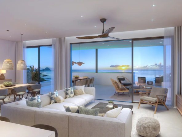 Salon spacieux avec vue sur Le Morne et l’océan, penthouse de la résidence The Peninsula, île Maurice – Ohana Heritage Group