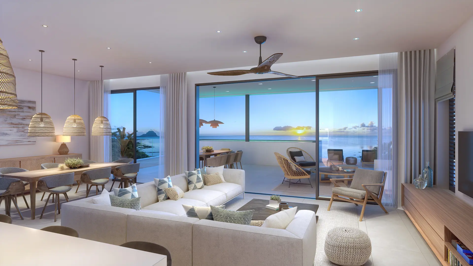 Salon spacieux avec vue sur Le Morne et l’océan, penthouse de la résidence The Peninsula, île Maurice – Ohana Heritage Group