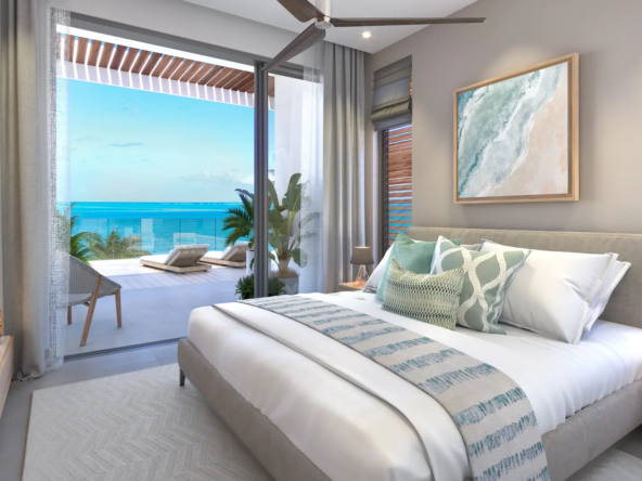 Chambre du penthouse avec vue infinie sur l’océan Indien et Le Morne, île Maurice – Ohana Heritage Group