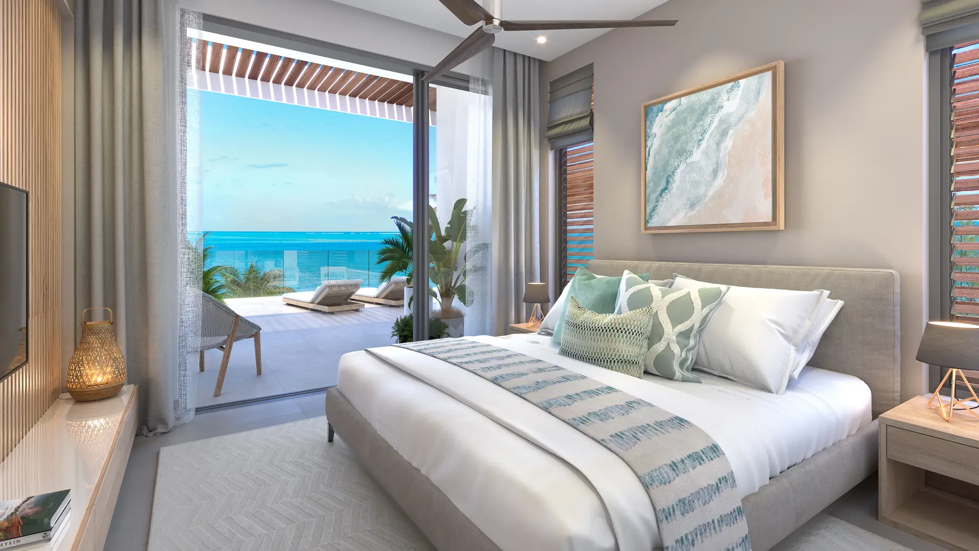 Chambre du penthouse avec vue infinie sur l’océan Indien et Le Morne, île Maurice – Ohana Heritage Group