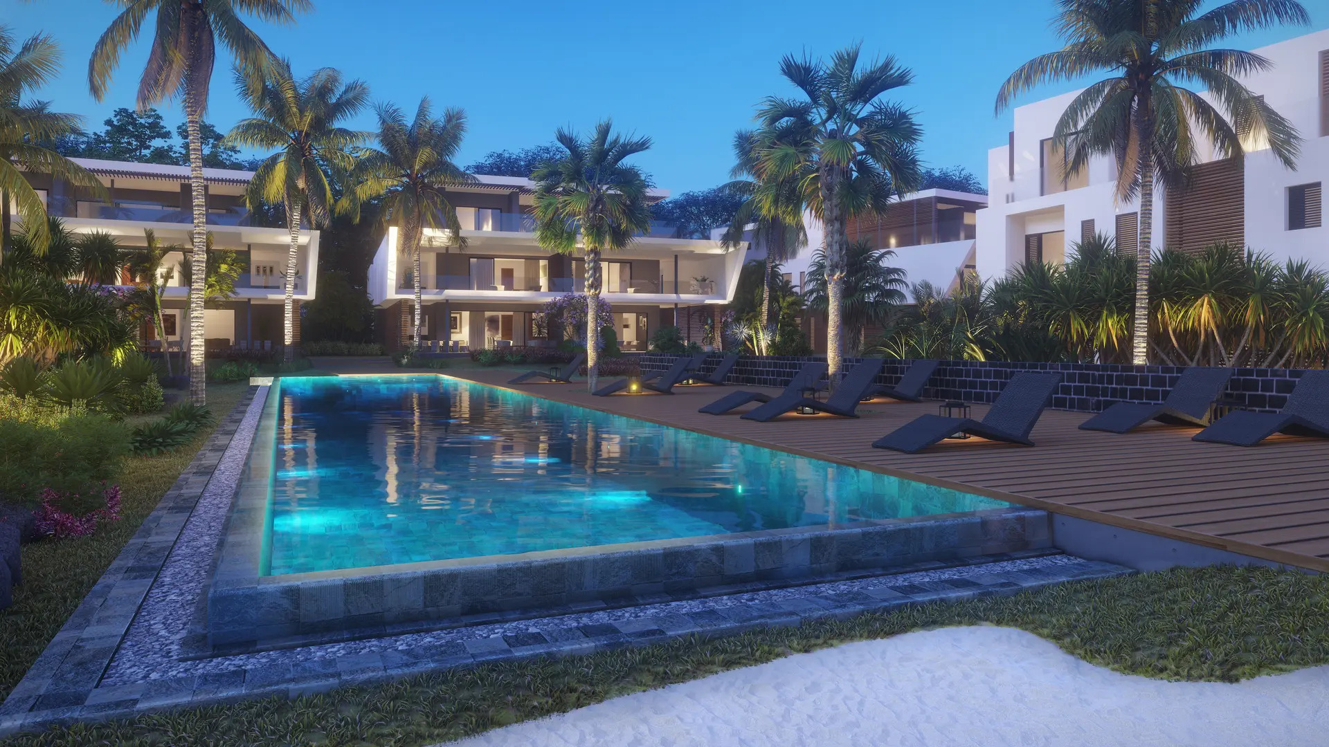 Piscine à débordement avec vue sur Le Morne dans une résidence front de mer de luxe à l’île Maurice – Ohana Heritage Group