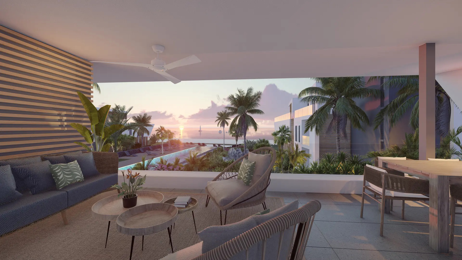 Terrasse avec vue spectaculaire sur le coucher de soleil et Le Morne, île Maurice – propriété de prestige signée Ohana Heritage Group