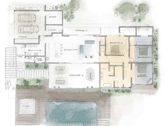 Découvrez le plan de la villa Les Belouguet au sein du projet Les Maisons de Bonneval à Tamarin. Une propriété contemporaine de prestige à vendre à l’île Maurice. By Ohana Heritage