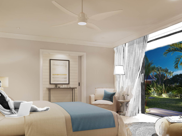 La chambre principale de la villa Les Belouguet offre un espace lumineux et cosy, au sein de la résidence Les Maisons de Bonneval à Tamarin. Un bien d’exception en vente à l’île Maurice. By Ohana Heritage