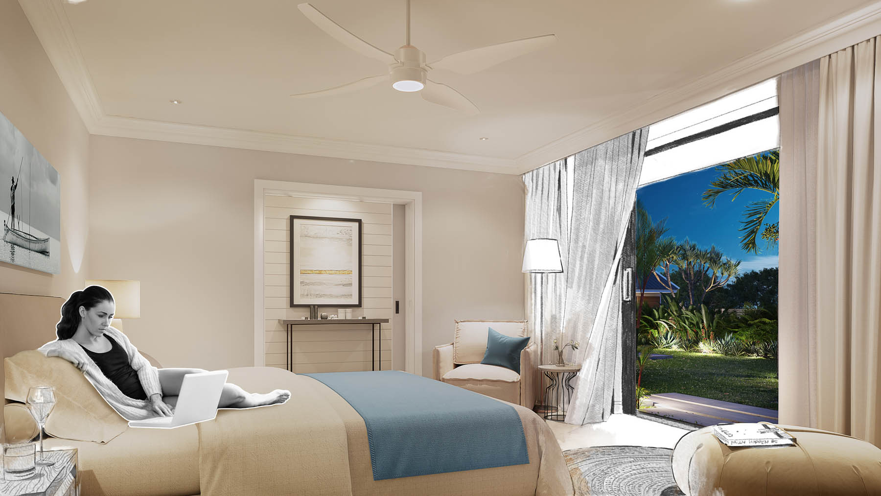 La chambre principale de la villa Les Belouguet offre un espace lumineux et cosy, au sein de la résidence Les Maisons de Bonneval à Tamarin. Un bien d’exception en vente à l’île Maurice. By Ohana Heritage