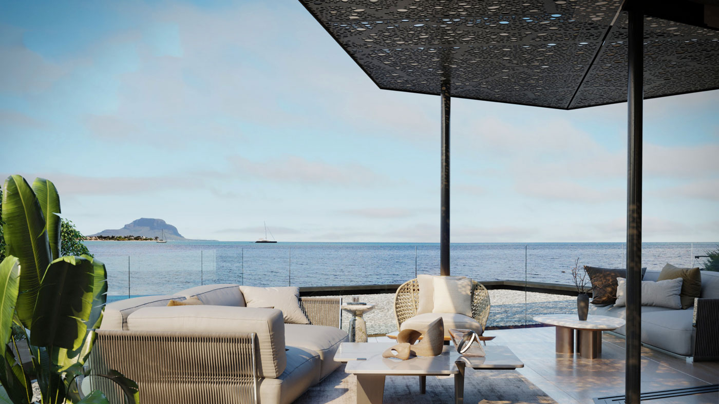 Terrasse spacieuse avec vue mer panoramique dans une villa front de mer à Tamarin – Ohana Heritage Group