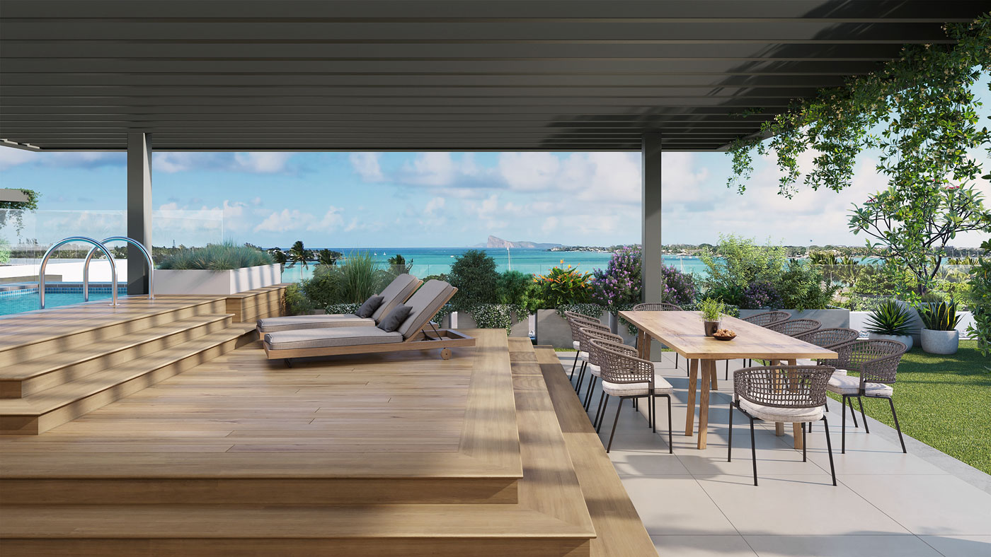 Terrasse de luxe avec vue mer dans un penthouse à Mont Choisy, île Maurice – Ohana Heritage Group