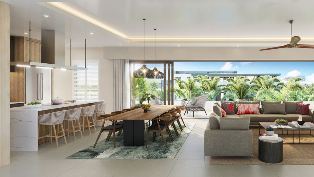 Cuisine ouverte haut de gamme avec espace salon/salle à manger dans un penthouse à vendre à Mont Choisy – Ohana Heritage Group