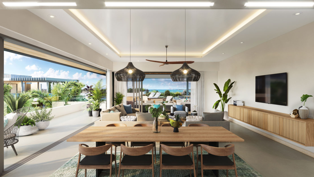 Salon et salle à manger avec vue mer panoramique dans un penthouse de luxe à Mont Choisy – Ohana Heritage Group