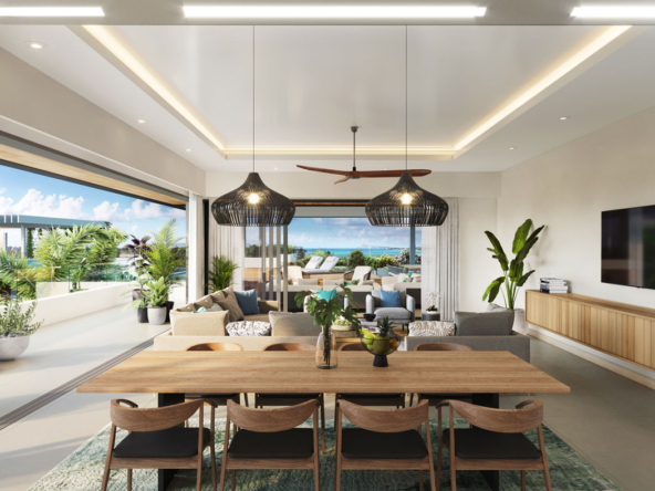 Salon et salle à manger avec vue mer panoramique dans un penthouse de luxe à Mont Choisy – Ohana Heritage Group