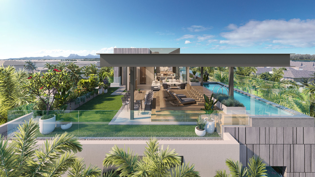 Espace ouvert du penthouse avec vue mer sur terrasse, salon et salle à manger – Mont Choisy, Ohana Heritage Group
