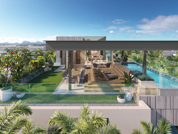 Espace ouvert du penthouse avec vue mer sur terrasse, salon et salle à manger – Mont Choisy, Ohana Heritage Group