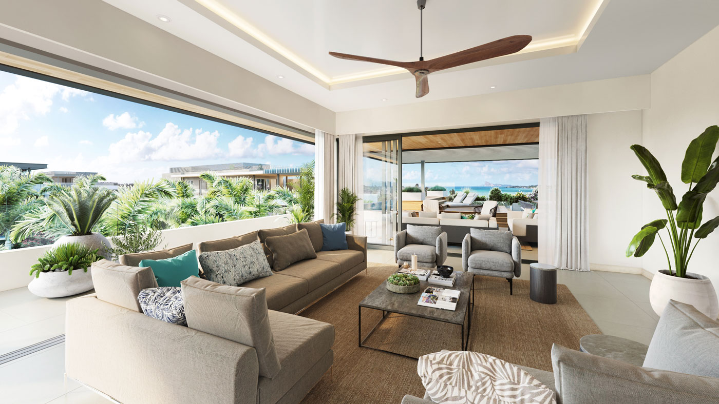 Salon lumineux avec finitions de luxe dans un penthouse à vendre à Mont Choisy – Ohana Heritage Group