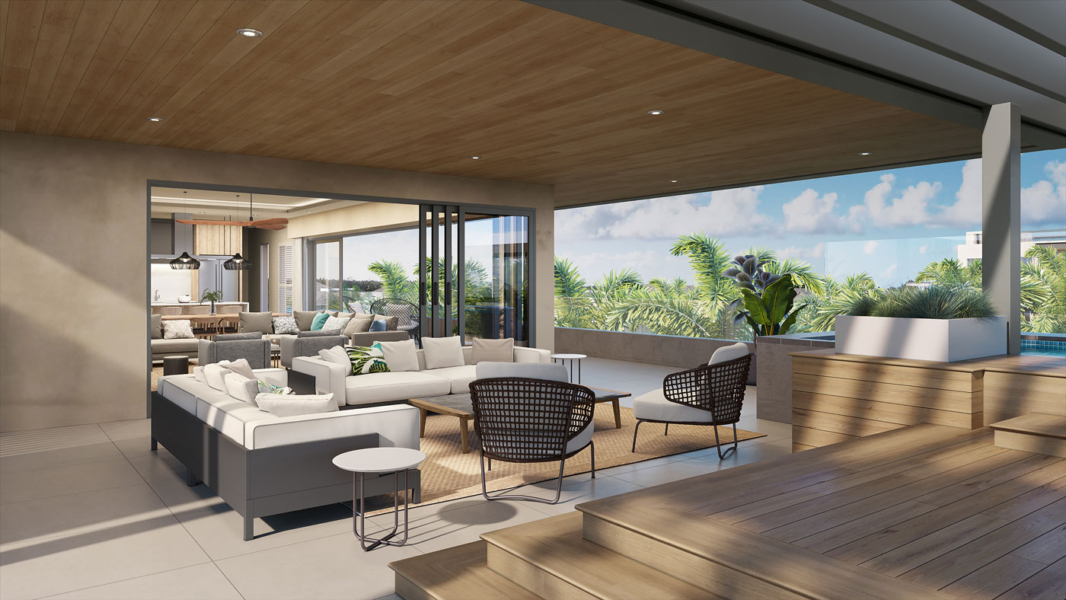 Espace lounge extérieur d’un penthouse à Mont Choisy, vue sur mer – Ohana Heritage Group