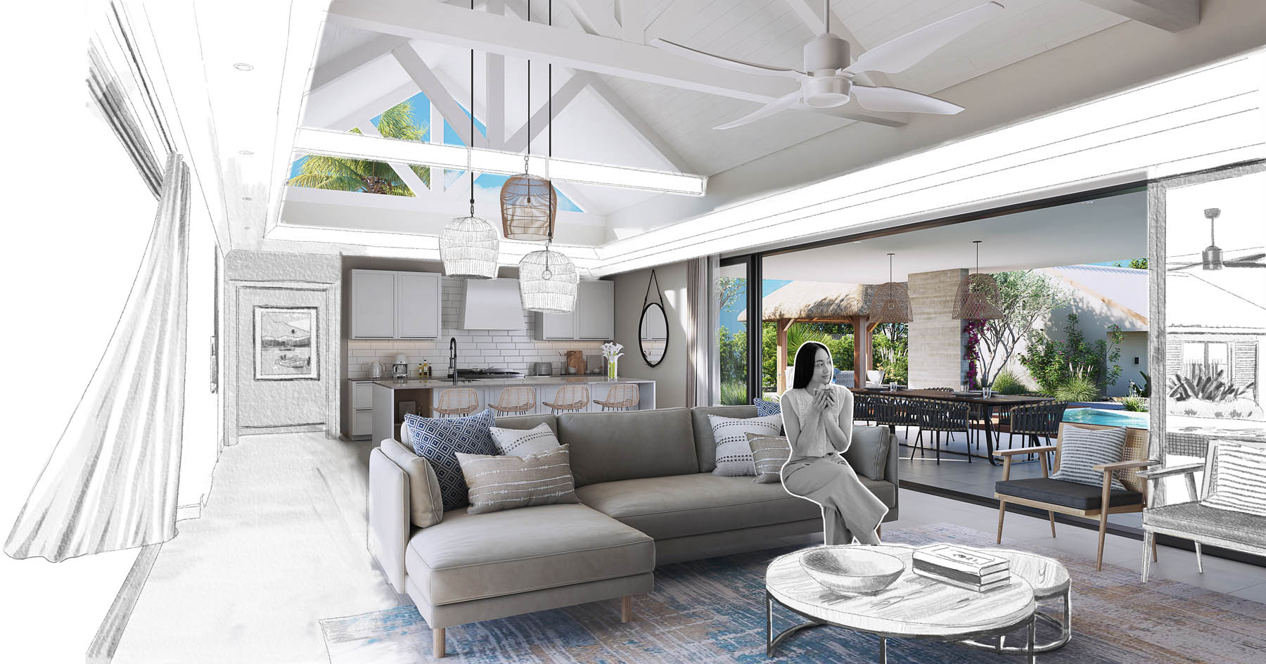 Espace de vie lumineux avec décoration sobre et ouverture jardin – villa Les Belouguet à Tamarin