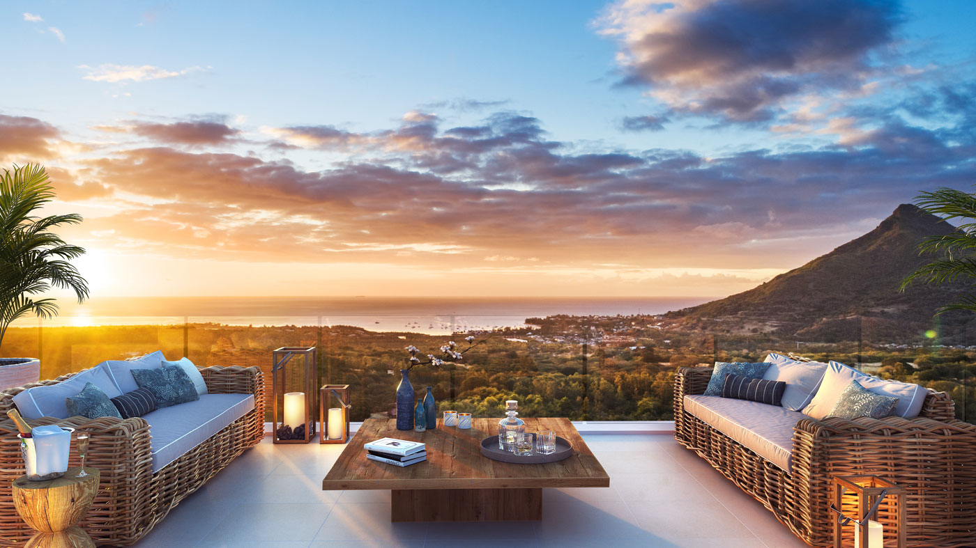 Terrasse surplombant l’océan et la marina à La Balise, île Maurice – propriété front de mer Ohana Heritage Group