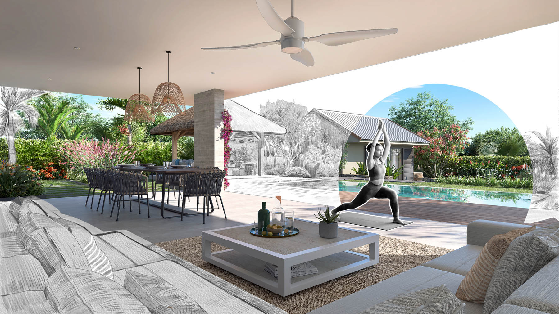 Terrasse extérieure idéale pour détente et yoga – villa Les Belouguet à Tamarin